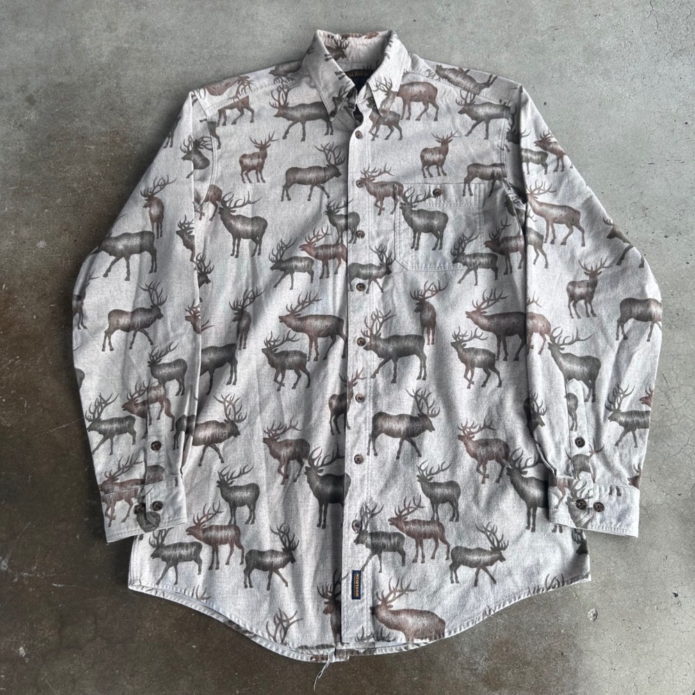 Woolrich Flannel Shirt Mens L Tall Tan Excellent Elk Deer Print Button Down